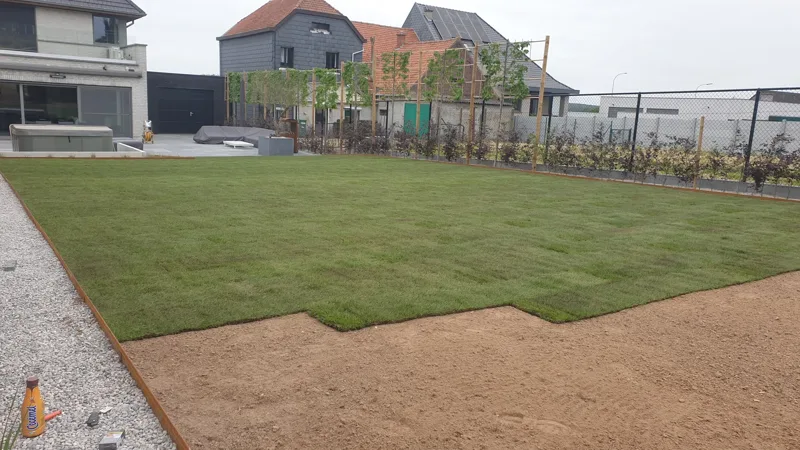 Graszoden op een deel van het voorbereide terrein
