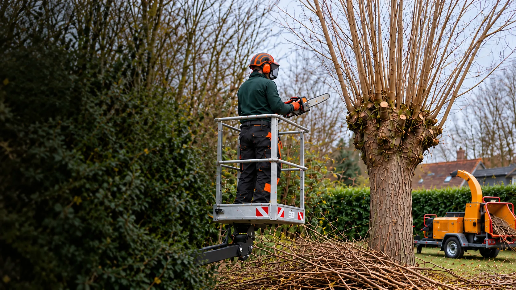 Illustratie van knotwerk vanuit een hoogwerker, met een hakselaar in de tuin